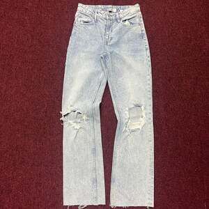 H&M Divided High Rise Distressed Straight Leg Mom Jeans Light Wash